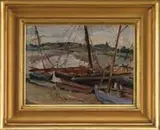 James P. Michael, Low Tide Maldon, Oil on board depicting sailing vessels at low tide