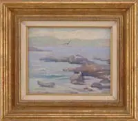 Antoinette Clark Inglis, Gray Day, Oil on board scene shows seagulls flying over rocks with small beach, ocean and land beyond