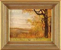 Fall Landscape by Nelson Augustus Moore, Small oil on canvas scene shows a large tree in colorful gold and orange foliage looking out over colorful lowlands, offered Feb 2007