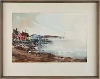 J.M. Rogers, Quiet Cove, Watercolor scene shows a wharf with colorful fishing shacks, beach and sailboat