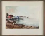 J.M. Rogers, Quiet Cove, Watercolor scene shows a wharf with colorful fishing shacks, beach and sailboat