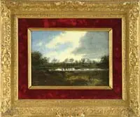 Michael Caic, The Fishing Pond, Oil on panel depicting tree-lined pond with fishermen approaching the pond