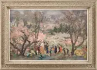 The Gathering by Armando Sozio, Large oil on canvas outdoor scene shows a number a colorful figures gathered under large trees with colorful blossoms, offered Feb 2007