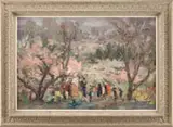 Armando Sozio, The Gathering, Large oil on canvas outdoor scene shows a number a colorful figures gathered under large trees with colorful blossoms