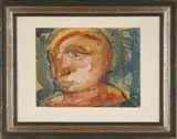 Italo Clemente, Face of a Man, 1972, Watercolor shows a shoulder bust of a head against a blue mottled background