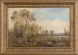 Charles Edmond Renault, Impressionistic Landscape with Cows, Oil on canvas scene shows a tree lined pasture with a small pool of water and cows grazing under blue and cloud sky