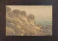 Everett Lloyd Bryant, Dunes to the Sea, Mixed media on paper scene shows plant covered dunes leading down to the ocean with rocks