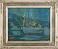 Eventide by Wendell Phillips Austin, Oil on masonite evening scene shows a two-mast sailboat in harbor next to buildings with hillside background, offered Feb 2007