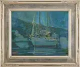 Wendell Phillips Austin, Eventide, Oil on masonite evening scene shows a two-mast sailboat in harbor next to buildings with hillside background