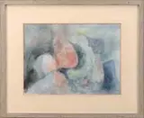 Charles E. Martin, Rocks Along the Shore, Impressionistic watercolor shows round objects in light red and blue colors