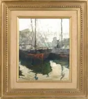 Oscar Antonio Vaz, Barracas Al Sur, Oil on board harbor scene shows two fishing boats next to a dock in a harbor setting
