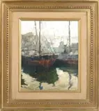 Oscar Antonio Vaz, Barracas Al Sur, Oil on board harbor scene shows two fishing boats next to a dock in a harbor setting