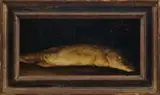 Honig Krebepz, Still Life with Pickerel, Oil on canvas mounted on wood panel shows a pickerel/pike against a dark background