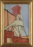 Vaclav Vytlacil, The Chimney, Oil on canvas scene shows the corner of an industrial building with large red chimney and attached metal apparatus