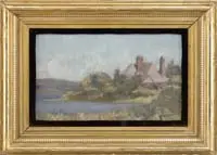 Lakeside Cottage by Francis Wheeler, Oil on board scene shows a large summer cottage estate nestled amongst trees beside water and hills, offered Feb 2007