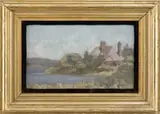 Francis Wheeler, Lakeside Cottage, Oil on board scene shows a large summer cottage estate nestled amongst trees beside water and hills