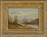 K.L. Levering, New England Landscape, Oil on canvas landscape scene shows a large river with cow on dirt rock bank with mountains under a blue and cloudy sky
