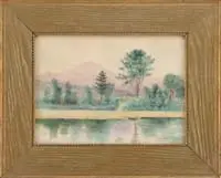 Benjamin Tupper Newman, Landscape with River and Mountain, Watercolor landscape shows a rose colored mountain with tree lined river in foreground