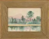 Benjamin Tupper Newman, Landscape with River and Mountain, Watercolor landscape shows a rose colored mountain with tree lined river in foreground