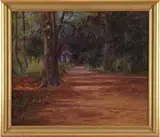 Alfred Jansson, Road Through the Woods, Oil on canvas scene shows a wide dirt road through deep forest. A large tree is seen in foreground