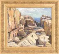 Monhegan 1913 by George Bellows, Oil on canvas scene shows rocky shoreline with tidal pools, ocean beyond and some sky. Painting with broad-brush strokes, offered Aug 2006