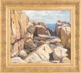 George Bellows, Monhegan 1913, Oil on canvas scene shows rocky shoreline with tidal pools, ocean beyond and some sky. Painting with broad-brush strokes