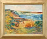 Mable May Woodward, Beach Scene, Oil on canvas scene shows a small beach area with several groups of bathers with two in the water