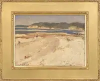 A Beach View by John C. Pellew, Oil on board beach scene shows several bathers in rolling dunes with water and grass covered cliffs beyond, offered Aug 2006