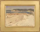 John C. Pellew, A Beach View, Oil on board beach scene shows several bathers in rolling dunes with water and grass covered cliffs beyond