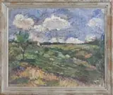Bertha de Hellebranth, God’s Mountains, Oil on canvas laid on board summer scene shows a hillside with small barn and trees