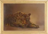 The Sleeping Tiger by Alexander Pope, Oil on canvas scene shows a three-quarter view of a tiger with head facing forward against a gold and brown background, offered Aug 2006