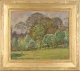 Theodore Wendel, Sunny Field, Large oil on canvas summer scene shows a green grass field leading to the edge of a wooded area. Circa 1915