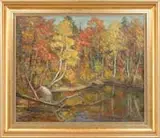 Arthur R. Safford, October, Oil on canvas scene shows a small woodland pond lined with colorful trees in autumn colors