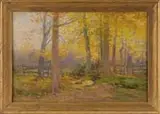 Daniel Kotz, Indian Summer, Oil on canvas fall scene shows a dirt path in bright yellow colored woods with fence and colorful sky