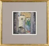 C. Yarnall Abbott, Street in Algiers, Fine watercolor/gouache scene shows a stucco building with tree and figures