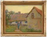 Frank Townsend Hutchens, Peasant’s Home in Picardy, Oil on board scene shows a connected country farmhouse. A man with overalls walks down a path toward the front door