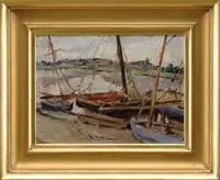 James P. Michael, Low Tide, Malden, Oil on board scene shows sailing vessels at low tide