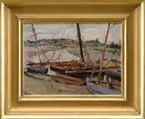 James P. Michael, Low Tide, Malden, Oil on board scene shows sailing vessels at low tide