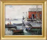 Jessie Gary Bradley, Afternoon at the Harbor, Oil on canvas scene shows figures, boats and fish houses