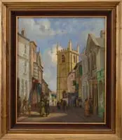Untitled by C. H. Burleigh, Oil on canvas depicts a street scene with numerous figures and sailing ships in the background, offered Aug 2006