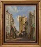 C. H. Burleigh, Untitled, Oil on canvas depicts a street scene with numerous figures and sailing ships in the background