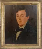 L. S. de Bibory, Portrait of a Young Man, Oil on wood panel half portrait of a young man with dark hair wearing a black coat and white shirt