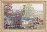 Alexander Goulaiev, Atyasiers 1973, Oil on canvas landscape scene shows trees and valley floor with water in a panoramic landscape