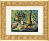 Louis Latapie, Tabletop Still Life, Oil on board tabletop still life shows a pitcher, compote of fruit and fruit on a round wood table
