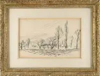 House and Trees by André Dunoyer de Segonzac, Pen and ink wash scene shows a house with barns behind tall wispy trees with a cultivated field in the foreground, offered Aug 2006