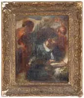 Three Figures, One Reading by Honore Domier, Oil on canvas interior scene shows a man seated reading from an open book with two other men beside, offered Aug 2006