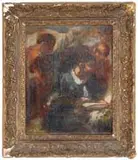Honore Domier, Three Figures, One Reading, Oil on canvas interior scene shows a man seated reading from an open book with two other men beside