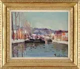 Georges Ferro-Lagree, Bord De L’Oise, Oil on canvas scene shows a river with boats in winter with a village scene