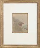 Alexis de Broca, Cote De Bretagne, Watercolor scene shows a figure along beach and rocky ledge coastline
