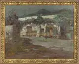 R. Giordano, The Villa, Oil on canvas evening scene shows a villa or stucco fronted building with two doorways with mountain background